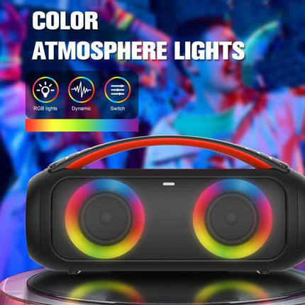 Black portable speaker with colorful lights on a vibrant background