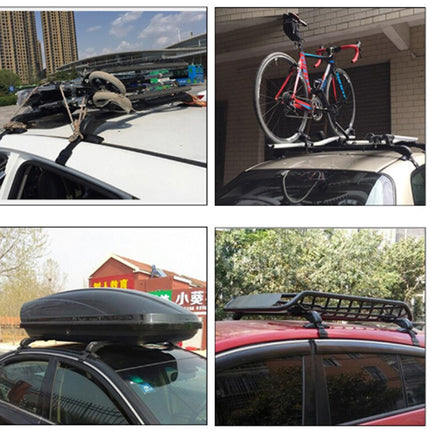 A four-panel collage showing different ways to mount a roof rack accessory on a car: two panels show the rack mounted on a white car with a bicycle on top, and two panels show the rack mounted on a dark car with a black roof cargo box.