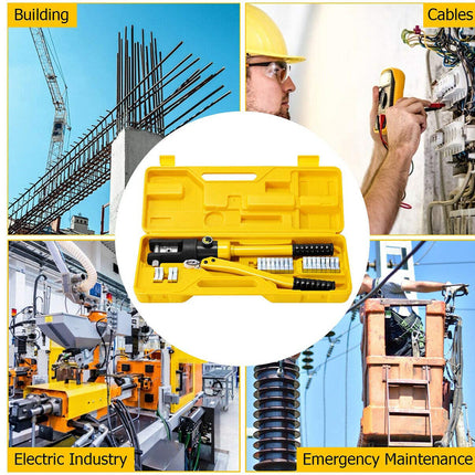 A collage showing a yellow cable tying tool set in a plastic case at the center, surrounded by four application photos: construction site, electrician working on cables, industrial machinery, and emergency maintenance equipment. Labels read Building, Cables, Electric Industry, and Emergency Maintenance.