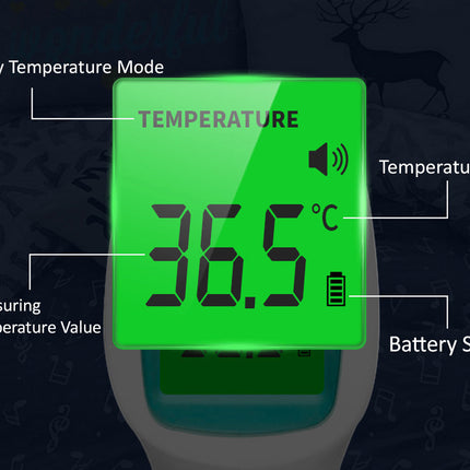 Digital thermometer with green display showing temperature readings on a dark background