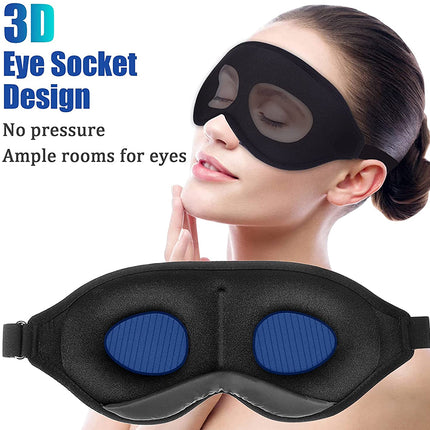 Black eye mask with blue dots worn by a model, featuring text about its design.