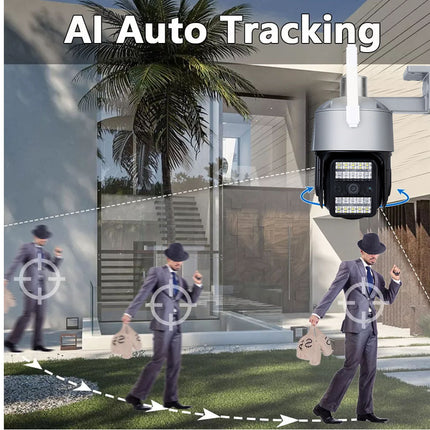 Security camera with AI auto tracking feature in front of a modern building.
