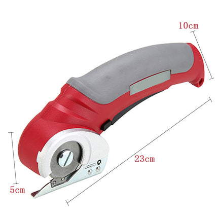 A red and gray rotary cutter with a white blade housing, shown on a white background with red dimension lines and labels indicating 23cm length, 10cm handle height, and 5cm blade depth.