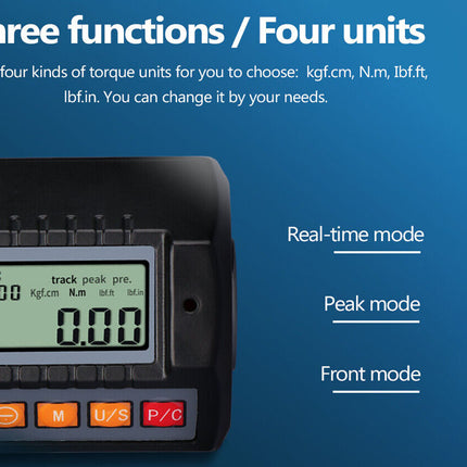 Digital torque meter with display and mode buttons on a blue background