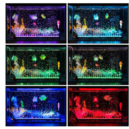 Collage of six aquarium scenes with colorful lighting effects and fish.