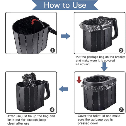 A four-step 'How to Use' diagram showing a black plastic trash can with a handle and a gray bag liner. The steps illustrate how to put the bag on the bracket, cover the can, lift it out after use, and cover the toilet lid.