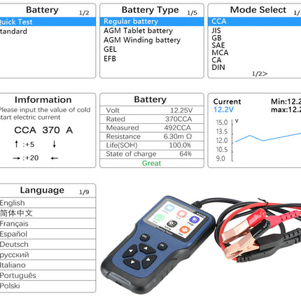 12V Car Battery Tester - VoltCheck | Digital Load Analyzer with 2.8" LCD Screen, Waveform & PC Printer Support