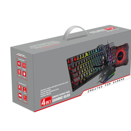 Box of a 4-in-1 gaming gear set with keyboard and mouse on a white background