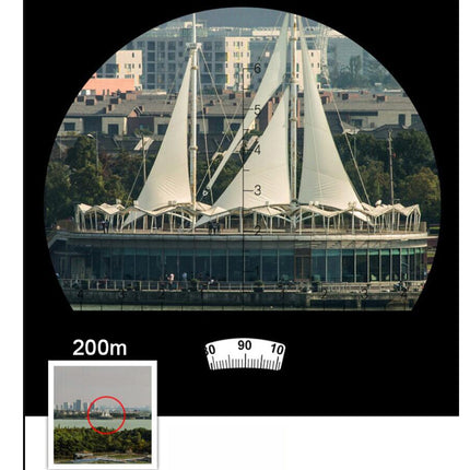 Sailboat viewed through a binoculars lens with a cityscape in the background