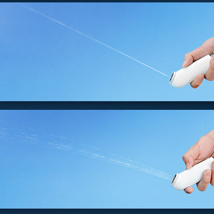 A split-screen demonstration showing a handheld white misting spray device pointed outward, with water sprays visible against a blue sky background. A hand is holding the device in both panels, and blue check-circle icons appear in the top-left corners.