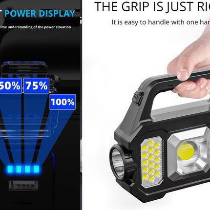Handheld flashlight with power display and grip text on a white background