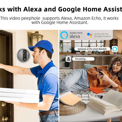 Smart doorbell with text about compatibility with Alexa and Google Home Assistant, showing a delivery person and a woman using the system.