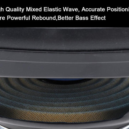 Close-up of a speaker cone with text about high-quality mixed elastic wave and better bass effect.
