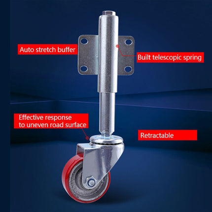 Retractable caster wheel with features highlighted on a blue background