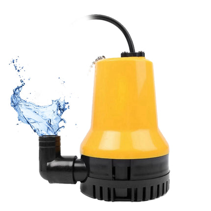 Yellow and black submersible pump with water splashing out on a white background