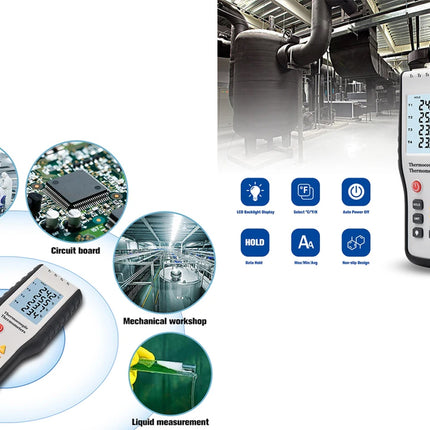 A handheld digital thermometer shown on a white background with feature callouts and small application scenes. The thermometer has a black and white body with a color LCD screen and red/yellow buttons.
