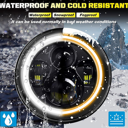 Car headlight with waterproof and cold-resistant features, shown in snowy conditions.