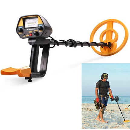 Metal detector with an orange coil on a white background, inset with a person using the metal detector on a beach.