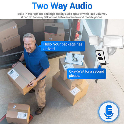 Man holding a package with two-way audio system in the background
