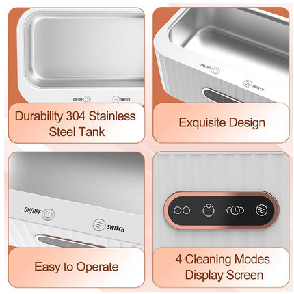 Product features including durability, design, ease of operation, and cleaning modes on a white background.