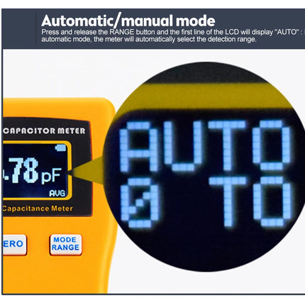 Capacitor meter with digital display showing 'AUTO' mode on a white background