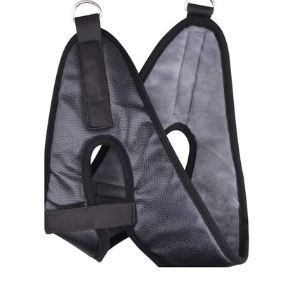 Gray dog muzzle with black straps on a white background