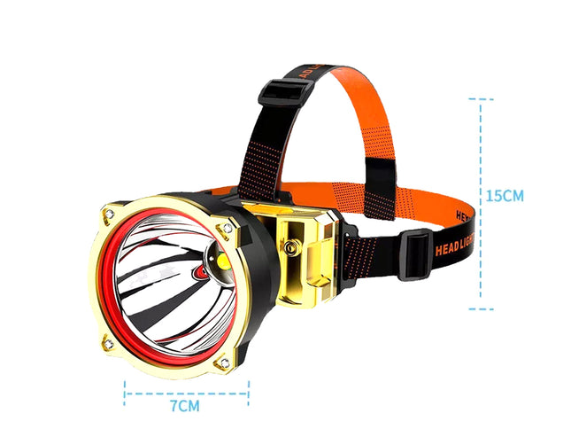 Headlamp with measurements on a white background