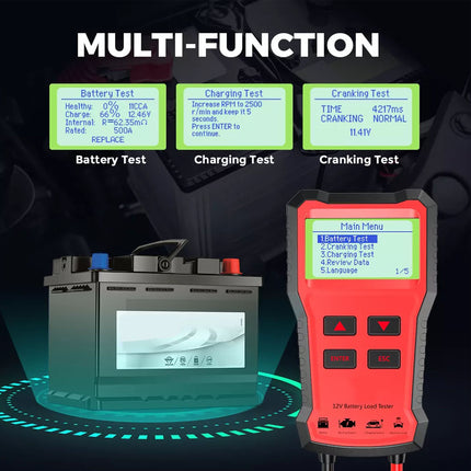 Multi-function battery tester with digital display and red casing on a dark background