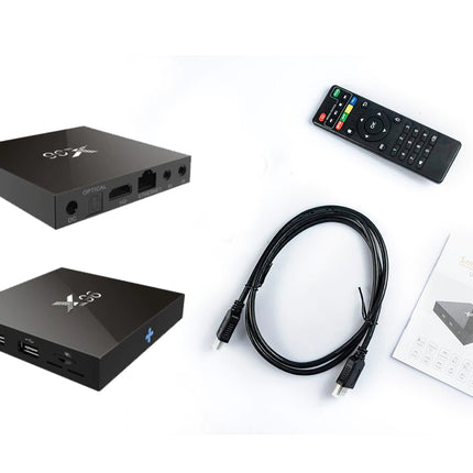 A black smart TV box shown from two angles with a remote control, HDMI cable, and user manual on a white background.