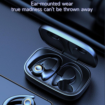 True wireless earbuds in an open charging case on a dark textured surface, with white promotional text at the top reading 'Ear-mounted wear true madness can't be thrown away'.