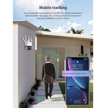 Smart home security system with mobile tracking feature displayed on a smartphone.