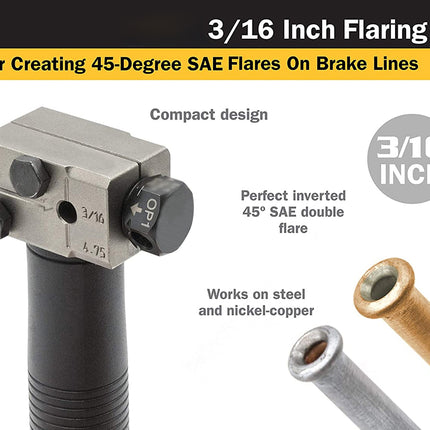 3/16 Inch Flaring Tool for creating 45-degree SAE flares on brake lines with specifications.