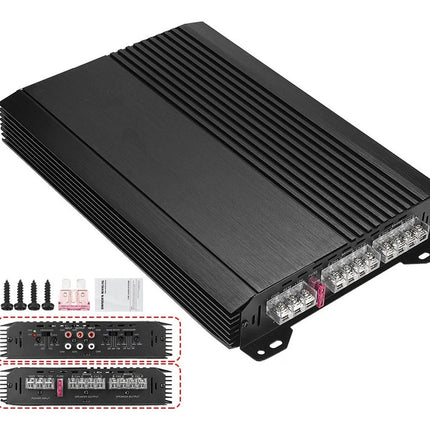 Black electronic amplifier with connectors on a white background