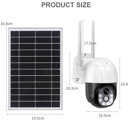 Solar panel and camera with dimensions labeled on a white background