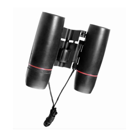 Black binoculars with a red accent on a white background
