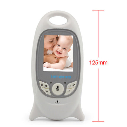 Baby monitor with a screen displaying a baby, accompanied by dimensions on a white background.