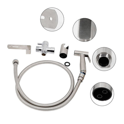 Set of silver bathroom fixtures including a shower head, hose, and nozzles on a white background