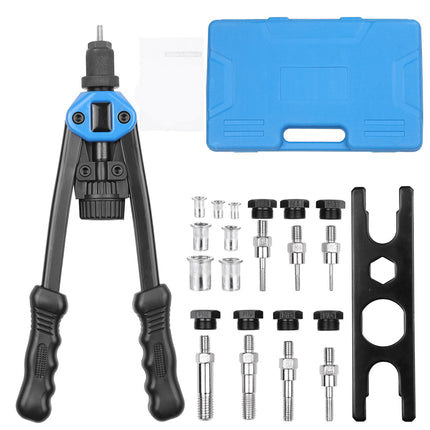 Crimping tool set with blue case and various components on a white background