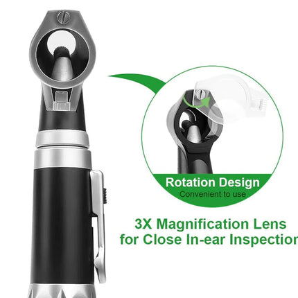 A close-up of a black and silver otoscope with a circular inset showing the rotation design of the head, plus green text reading '3X Magnification Lens for Close In-ear Inspection' on a white background.