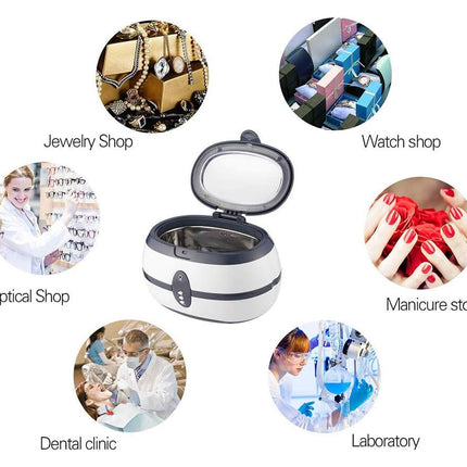Portable ultrasonic cleaner with various usage scenarios depicted.