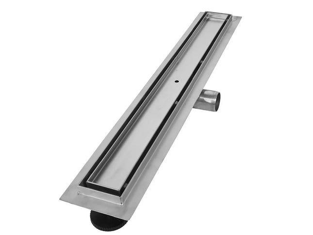 Stainless steel floor drain on a white background