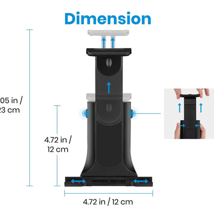 Measurement chart of a black device with dimensions labeled in inches and centimeters.