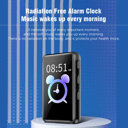 A black radiation-free alarm clock with a digital screen displaying '08:51 AM' and an alarm icon, shown on a white pedestal against a blue graphic background with promotional text.