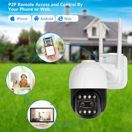 A white and black outdoor dome security camera with two antennas, shown on a lawn with a house in the background. The graphic includes feature callouts for P2P remote access via phone, Android, and web, with circular insets showing a hand holding a phone, a baby monitor screen, and a computer monitor.