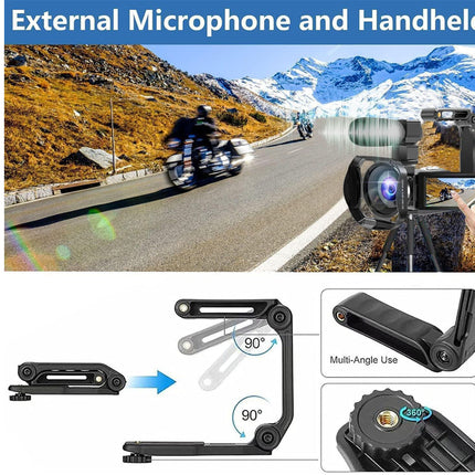 Camera with external microphone and handheld setup on a scenic road.