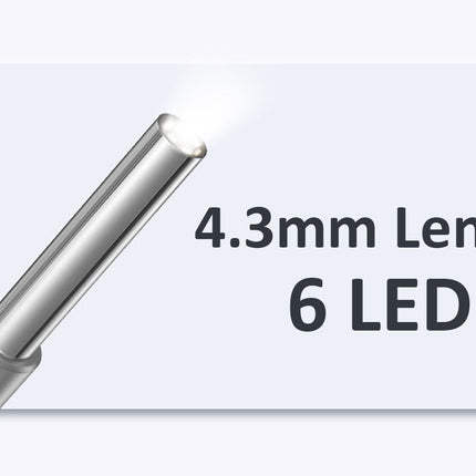 A silver cylindrical lens accessory with a glowing light tip, shown on a light gray rounded rectangle with the text '4.3mm Lens 6 LED'.