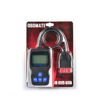 An OBD-MATE diagnostic scanner tool in its original blister packaging, featuring a black handheld unit with blue buttons and a black cable with a red connector, on a white background.