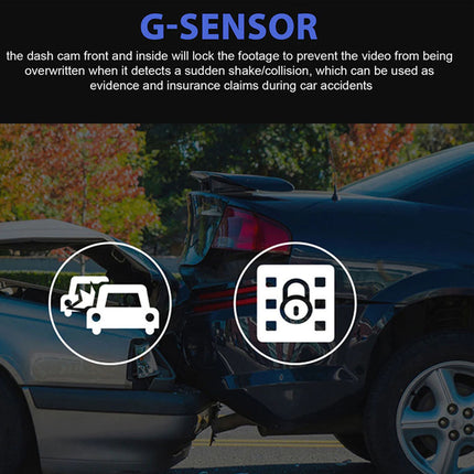 Car accident scene with text about G-sensor dash cam feature.