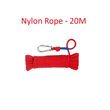 Red nylon rope with a carabiner on a white background, labeled 'Nylon Rope - 20M'.
