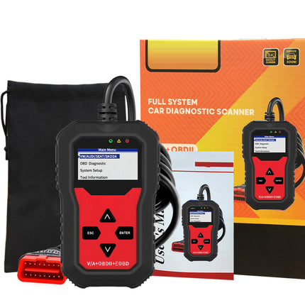 Car diagnostic scanner with packaging and accessories on a white background